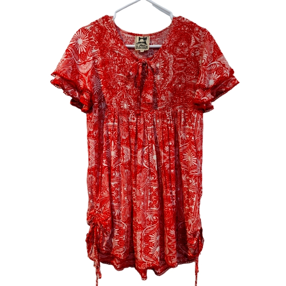 Red and cream dress. Wear as dress or as tunic. Adjustable length.